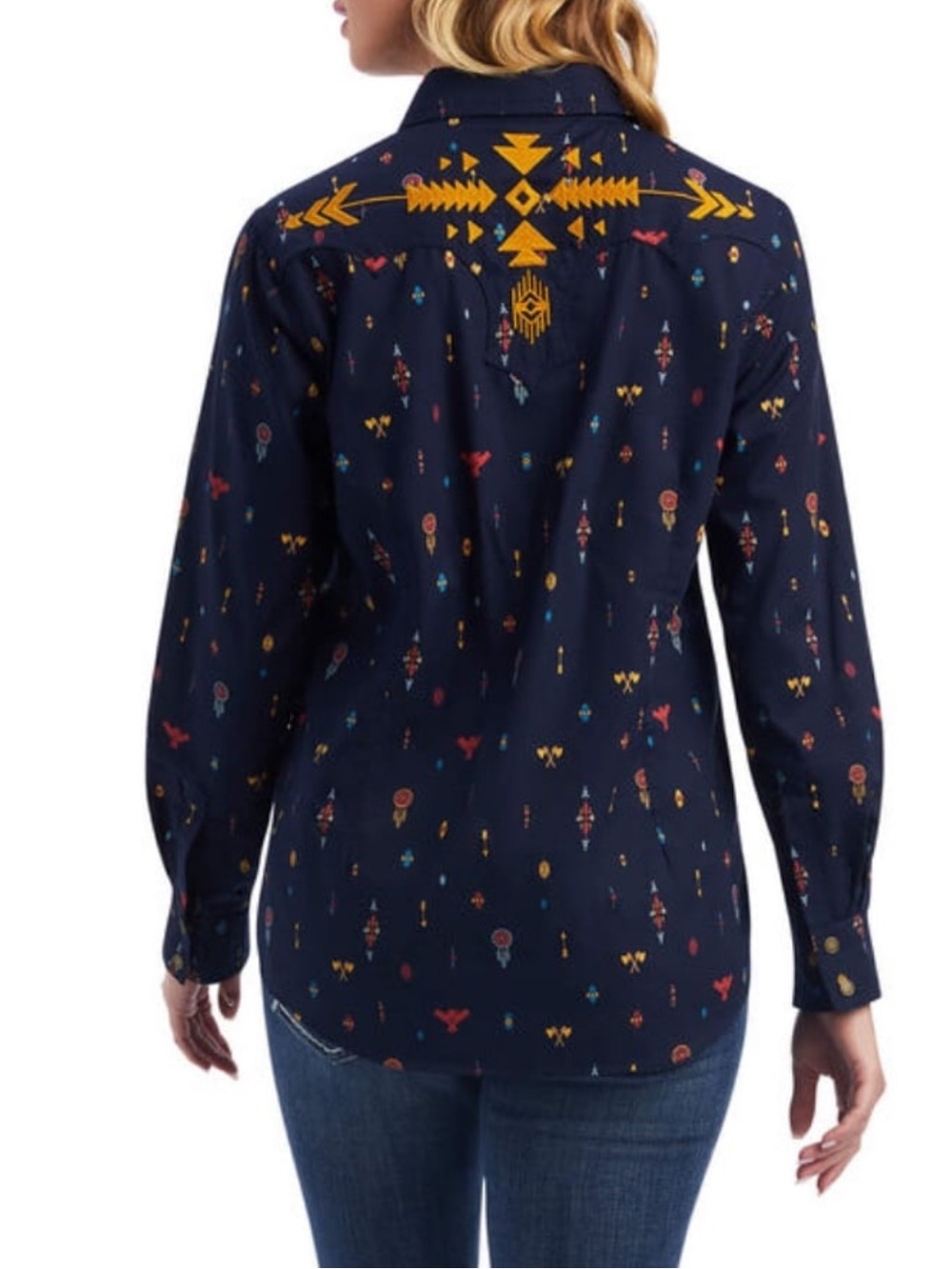 Ariat Real Dakota Navy Western Snap Shirt with Multicolor Arrow & Aztec Motifs
